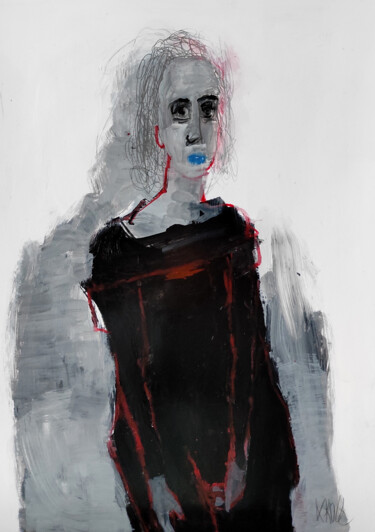 Malerei mit dem Titel "Mädchen mit blauen…" von Barbara Kroll, Original-Kunstwerk, Acryl
