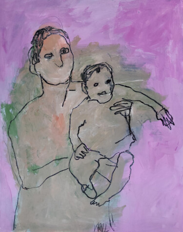 Zeichnungen mit dem Titel "Mutter mit Kind" von Barbara Kroll, Original-Kunstwerk, Bleistift