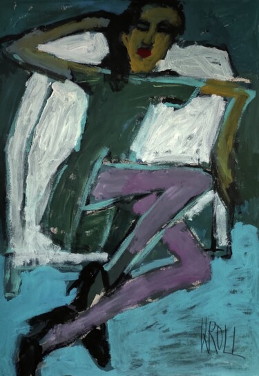 Malerei mit dem Titel "Sitzende Frau auf e…" von Barbara Kroll, Original-Kunstwerk, Acryl