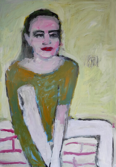 Pintura intitulada "Portrait in Grün" por Barbara Kroll, Obras de arte originais, Acrílico