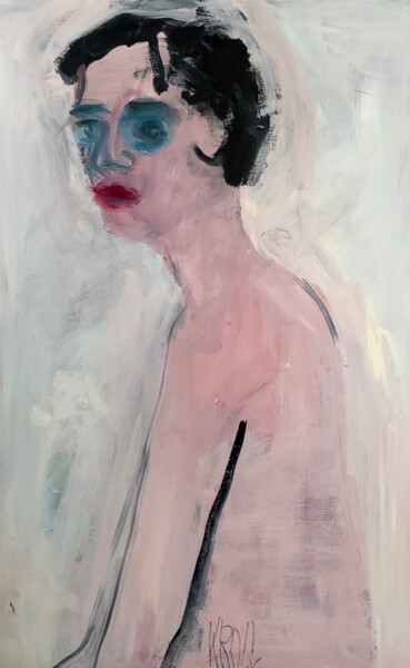 Malerei mit dem Titel "Portrait mit blauen…" von Barbara Kroll, Original-Kunstwerk, Acryl Auf Keilrahmen aus Holz montiert