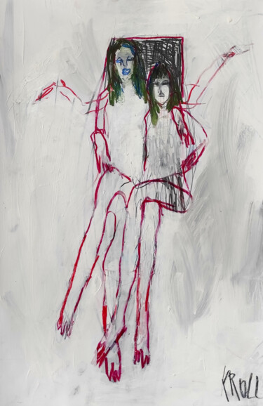 "Zwei sitzende Frauen" başlıklı Resim Barbara Kroll tarafından, Orijinal sanat, Mum boya