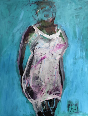 Malerei mit dem Titel "Frau im weißen Kleid" von Barbara Kroll, Original-Kunstwerk, Acryl