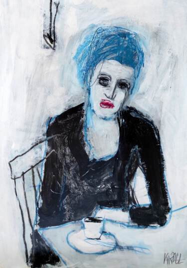 Drawing titled "Frau am Tisch" by Barbara Kroll, Original Artwork, Acrylic