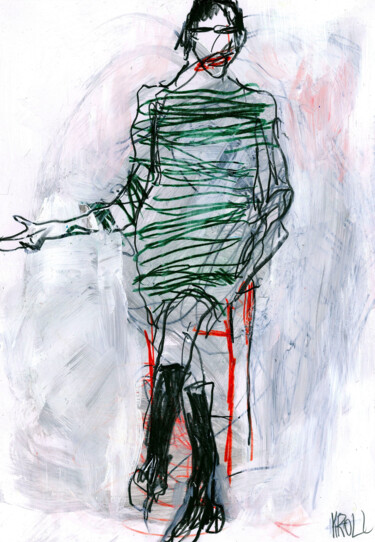 Zeichnungen mit dem Titel "Frau im grünen Kleid" von Barbara Kroll, Original-Kunstwerk, Bleistift