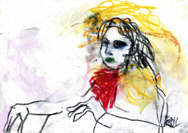 Рисунок под названием "Frau mit roten Hals…" - Barbara Kroll, Подлинное произведение искусства, Цветные карандаши
