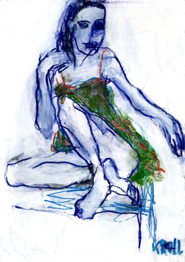 Zeichnungen mit dem Titel "Sitzende im grünen…" von Barbara Kroll, Original-Kunstwerk, Conté-Buntstifte