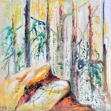 Peinture intitulée "rochers en sous-bois" par Barbara Lavenda, Œuvre d'art originale, Huile Monté sur Châssis en bois