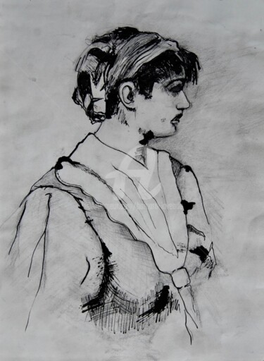 Peinture intitulée "camille-en-blouse-d…" par Barbara Lavenda, Œuvre d'art originale, Encre