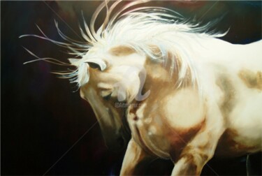 Malarstwo zatytułowany „Biały koń” autorstwa Barbara Makowska, Oryginalna praca, Olej