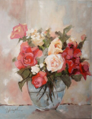 Malarstwo zatytułowany „Kwiaty, bukiet róż” autorstwa Barbara Makowska, Oryginalna praca, Olej Zamontowany na artwork_cat.