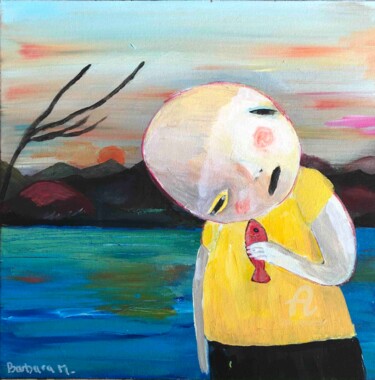 Painting titled "Le petit pêcheur" by Barbara Morin, Original Artwork, Acrylic Mounted on Wood Stretcher frame