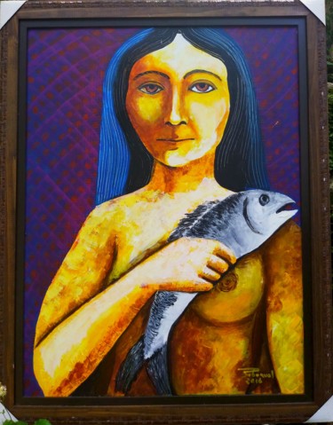Painting titled "Mulher com peixe" by Roberval Fernandes, Original Artwork, Acrylic