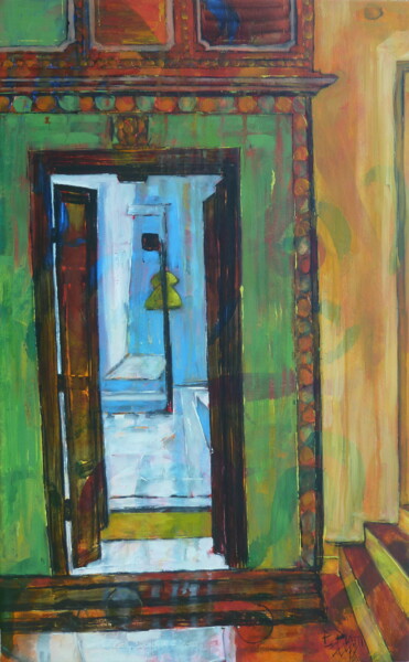 Pittura intitolato ""Derrière la porte"" da Barbara Piatti, Opera d'arte originale, Olio Montato su Telaio per barella in le…