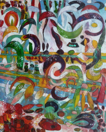 Peinture intitulée ""Ganga Aarti II"" par Barbara Piatti, Œuvre d'art originale, Huile Monté sur Châssis en bois