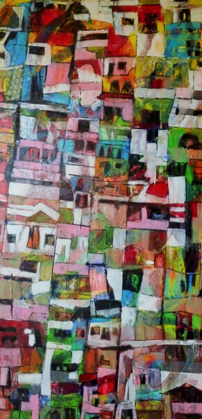 Painting titled ""Favelas"" by Barbara Piatti, Original Artwork, Oil Mounted on Wood Stretcher frame