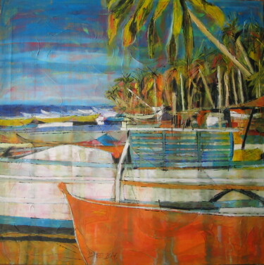 Pittura intitolato "Orange Fisherboat" da Barbara Piatti, Opera d'arte originale, Olio