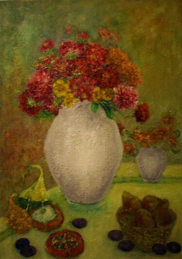 Painting titled "Nature morte avec d…" by Barbara Przyborowska, Original Artwork, Oil