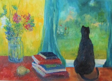 Painting titled "Black cat by the wi…" by Barbara Przyborowska, Original Artwork, Oil