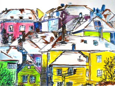 Painting titled "Bergen Rooftops" by Barbara Tabachnick, Original Artwork, Acrylic