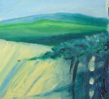 Schilderij getiteld "Green field sight" door Barbara Craig, Origineel Kunstwerk, Olie