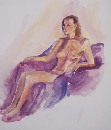 Картина под названием "Nude, mauve" - Barbara Craig, Подлинное произведение искусства, Акварель