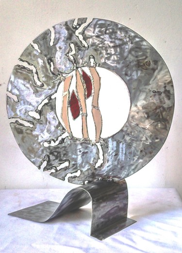Skulptur mit dem Titel "Yin Yang de Feu" von Barbara Hay (Alchimik of Love), Original-Kunstwerk, Edelstahl
