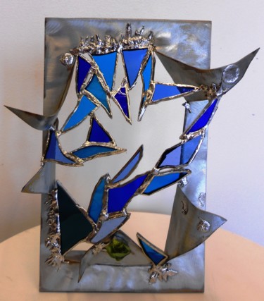 Sculpture titled "BLUE IMPLOSION" by Barbara Hay (Alchimik of Love), Original Artwork, Stainless Steel