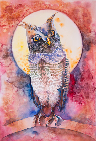 Картина под названием "Sleepy eagle owl on…" - Barbara Orsolini, Подлинное произведение искусства, Акварель