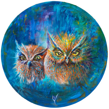 Картина под названием "Funny round owls" - Barbara Orsolini, Подлинное произведение искусства, Масло