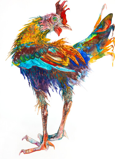 Pintura intitulada "Crazy rooster water…" por Barbara Orsolini, Obras de arte originais, Aquarela