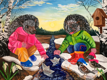 Malerei mit dem Titel "Ёжики весной" von Elena Filatkina, Original-Kunstwerk, Acryl Auf Keilrahmen aus Holz montiert