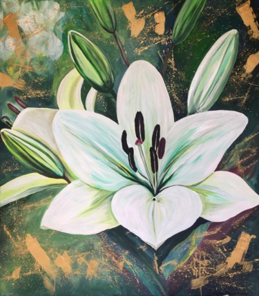 Картина под названием "Белая лилия" - Елена Филаткина, Подлинное произведение искусства, Акрил Установлен на Деревянная рама…