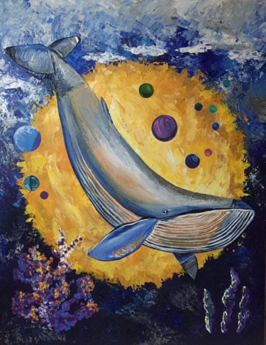 Картина под названием "Кит в космосе" - Елена Филаткина, Подлинное произведение искусства, Акрил Установлен на Деревянная ра…