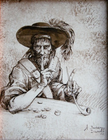 Dessin intitulée "Le pirate silencieux" par Alexandre Barberà-Ivanoff, Œuvre d'art originale, Encre