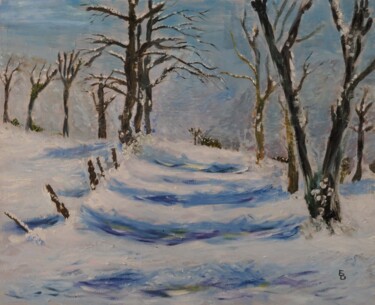 Painting titled "Chemin enneigé" by Barbour, Original Artwork, Oil Mounted on Wood Stretcher frame