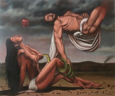 Painting titled "Fragmento del pecado" by Barcelo, Original Artwork, Oil Mounted on Wood Panel