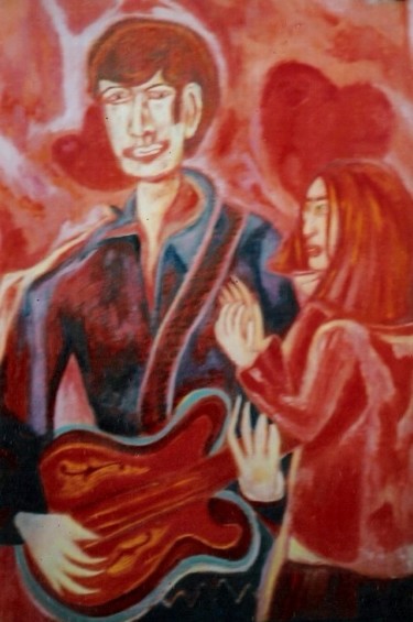 Painting titled "Red Guitar" by Barindam Bose, Original Artwork, Oil