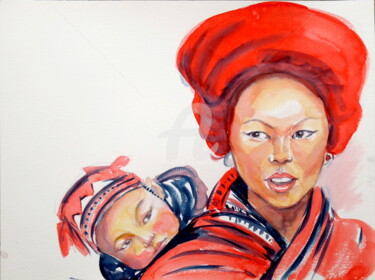 Painting titled "Mai lan et son bébé" by Karmailo, Original Artwork, Watercolor