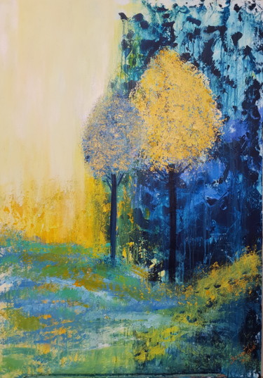 Schilderij getiteld "Blue and yellow" door Adel Barnat, Origineel Kunstwerk, Acryl Gemonteerd op Frame voor houten brancard