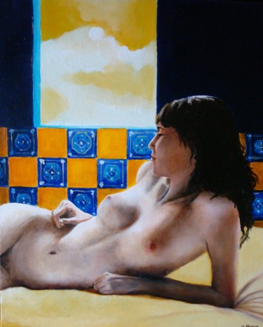 Painting titled "nu au drap jaune" by Baron, Original Artwork, Oil