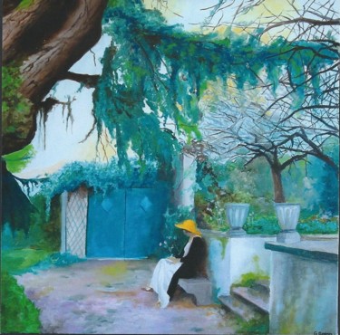 Painting titled "le jardin bleu" by Baron, Original Artwork, Oil