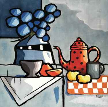 Картина под названием "Petit déjeuner fleu…" - René Barranco, Подлинное произведение искусства, Масло