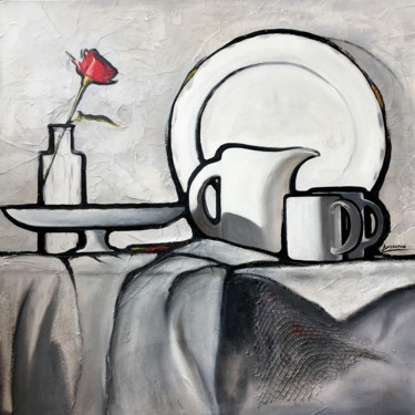 Malerei mit dem Titel "Porcelaine et Rose" von René Barranco, Original-Kunstwerk, Öl