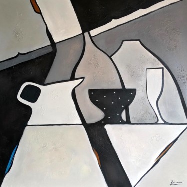 Painting titled "Petit déjeuner gris" by René Barranco, Original Artwork, Oil