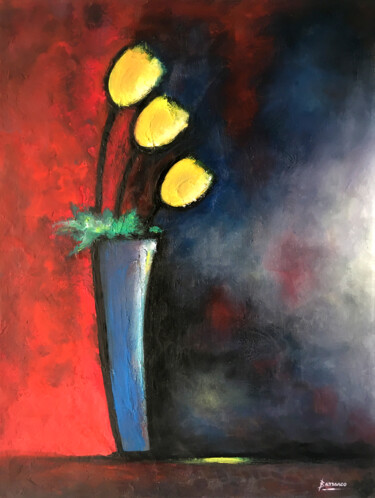 Peinture intitulée "Trois tulipes" par René Barranco, Œuvre d'art originale, Huile Monté sur Châssis en bois