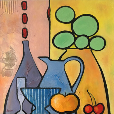 Painting titled "Le pot de lait bleu" by René Barranco, Original Artwork, Oil Mounted on Wood Stretcher frame