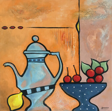 Painting titled "Nature morte aux ce…" by René Barranco, Original Artwork, Oil Mounted on Wood Stretcher frame