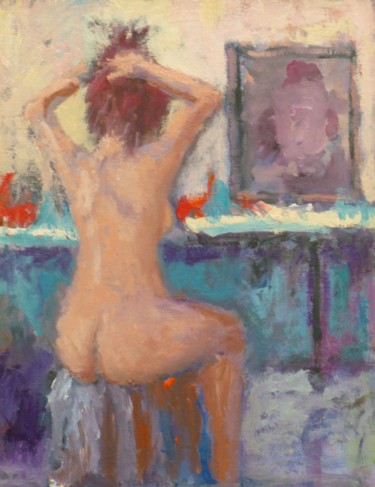 Painting titled "In de kleedkamer" by Bart Buijsen, Original Artwork, Oil