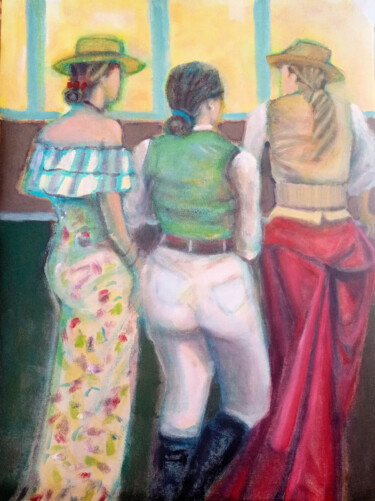 Malerei mit dem Titel "3 chicas" von Nalini Shanthi Cook, Original-Kunstwerk, Acryl